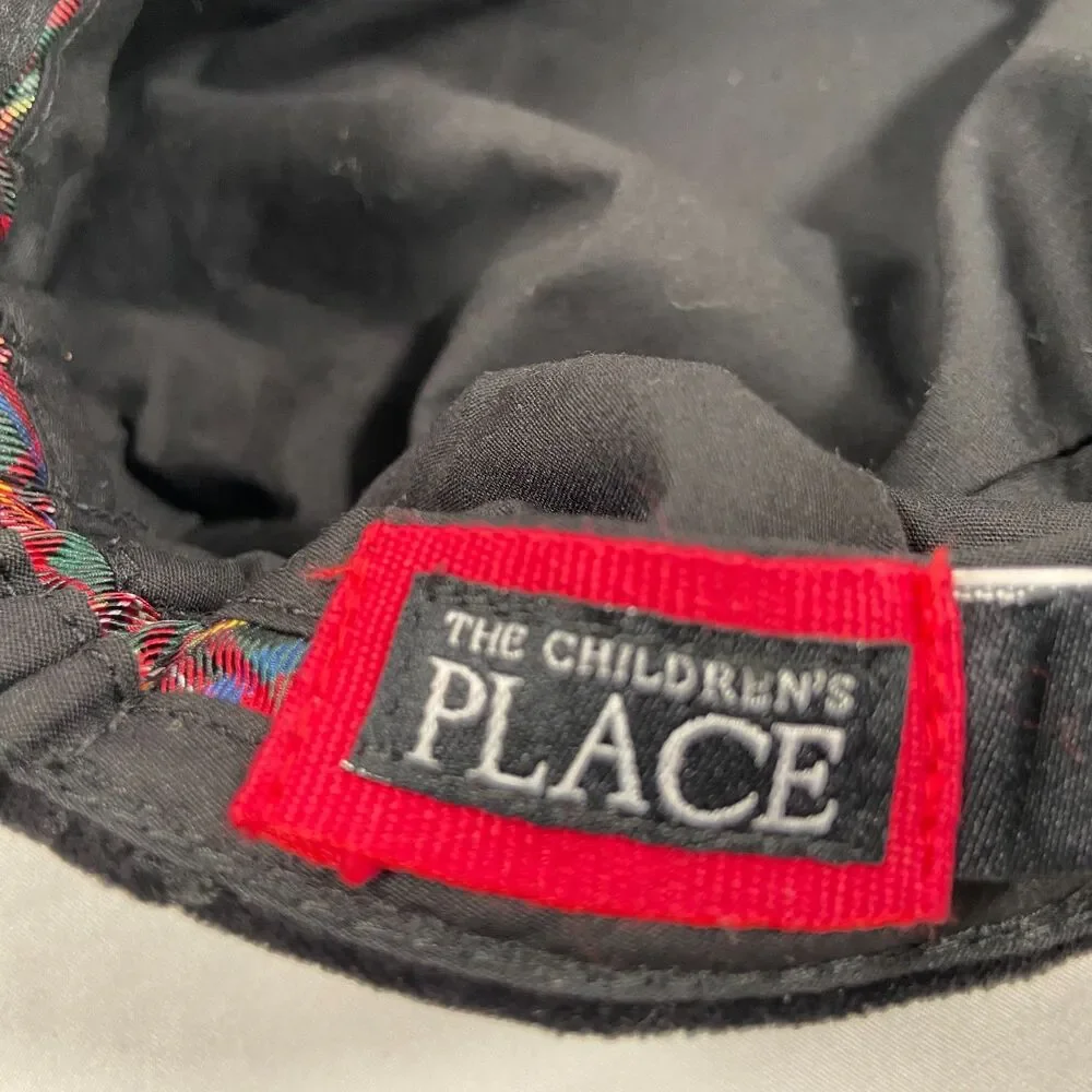 The Childrens Place Girls 4-6 Black Velvet Newsboy Cap Plaid Trim Hat